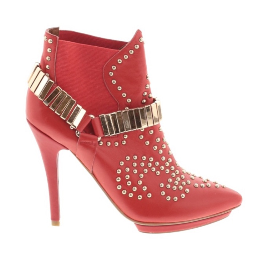 Jeffrey Campbell Volpe Red Gold Studded Bootie Stiletto Studded Biker Boots
